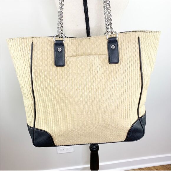 Calvin‎ Klein Large Double Chain Strap Straw Tote Bag w/Faux Leather Accents - Picture 4 of 15